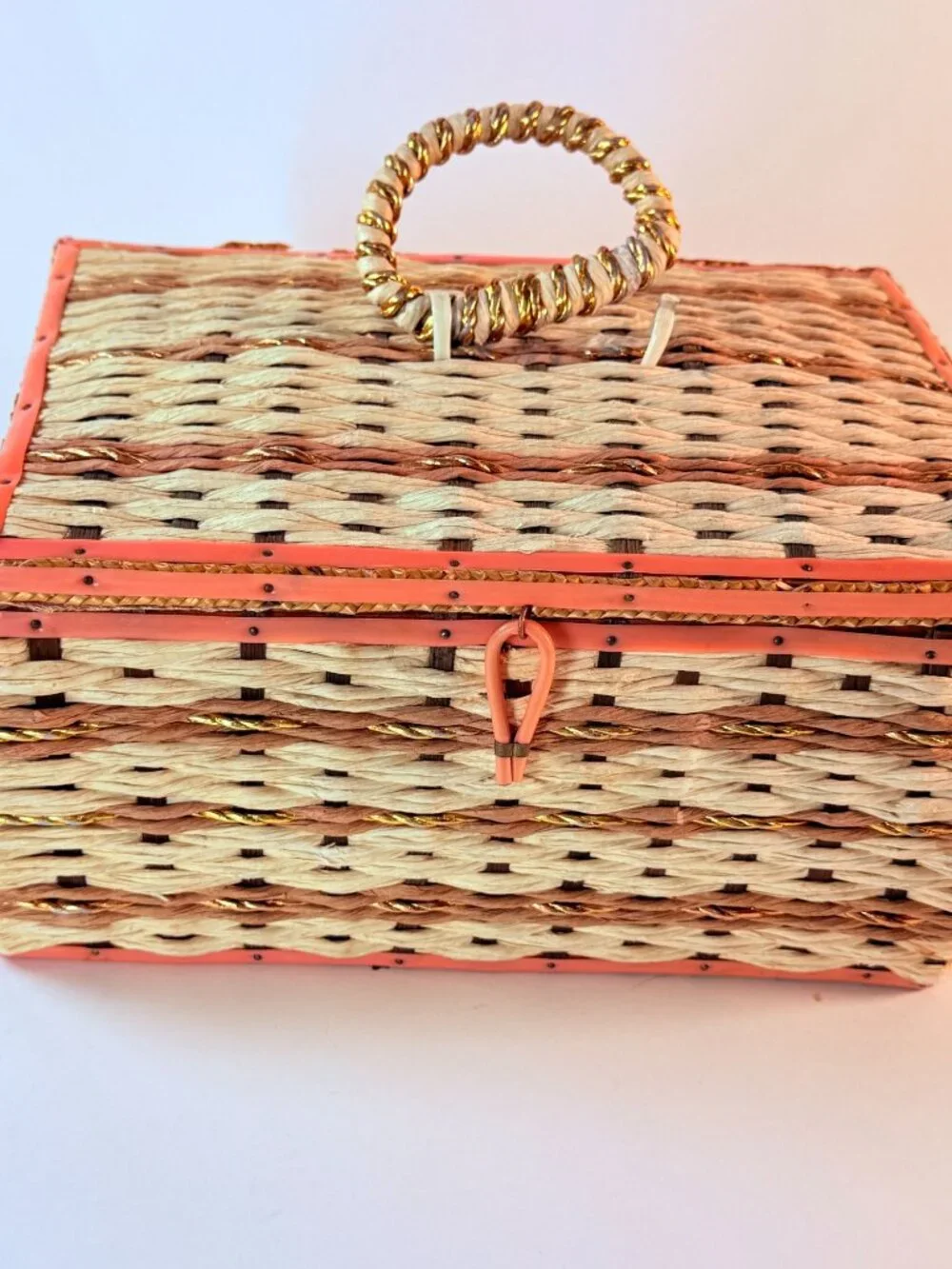 Vintage Wicker Sewing Basket Organizer With Pink Satin Lining & Assorted